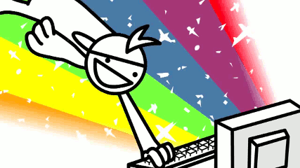 Hyperactive cartoon character rocketing over a keyboard with rainbow thrusters — the legendary 'Do an Internet' GIF in all its meme glory.