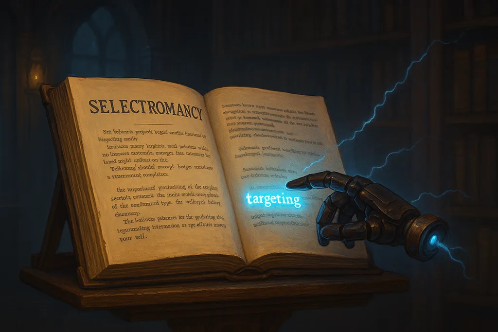 Electro-fantasy wizard chamber with spellbook and glowing robo-hand pointing at the word 'targeting'