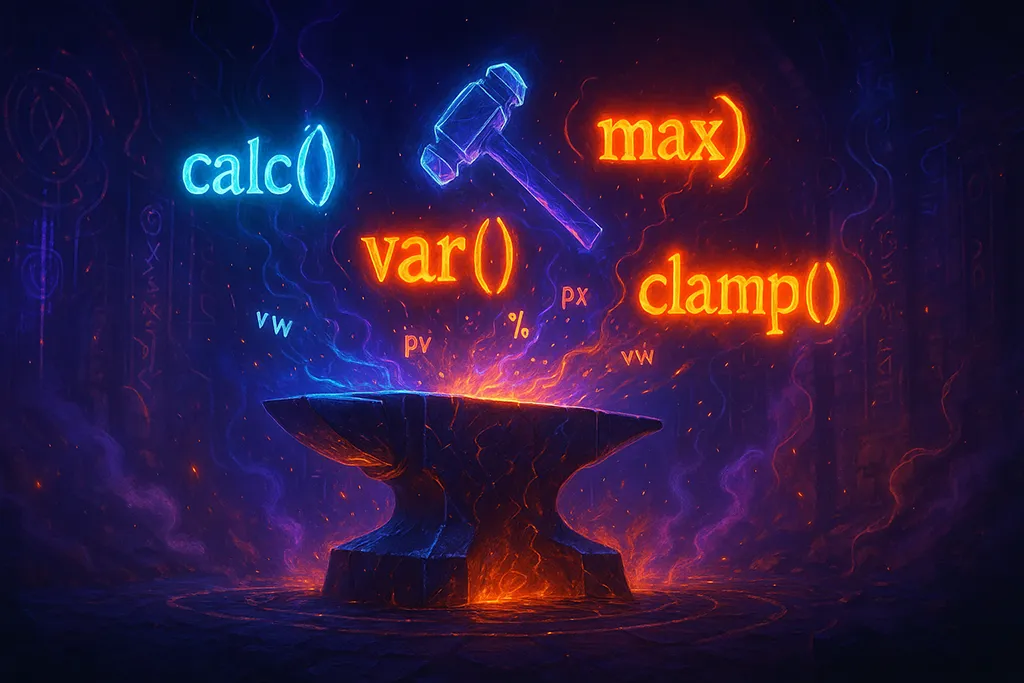 A widescreen neon-lit arcane forge chamber with a massive enchanted anvil cracked with molten light, glowing CSS glyphs like calc(), var(), min(), max(), and clamp() floating above it, and a spectral hammer scattering sparks shaped like px, rem, %, and vw units amid swirling magical smoke and circuitry sigils.
