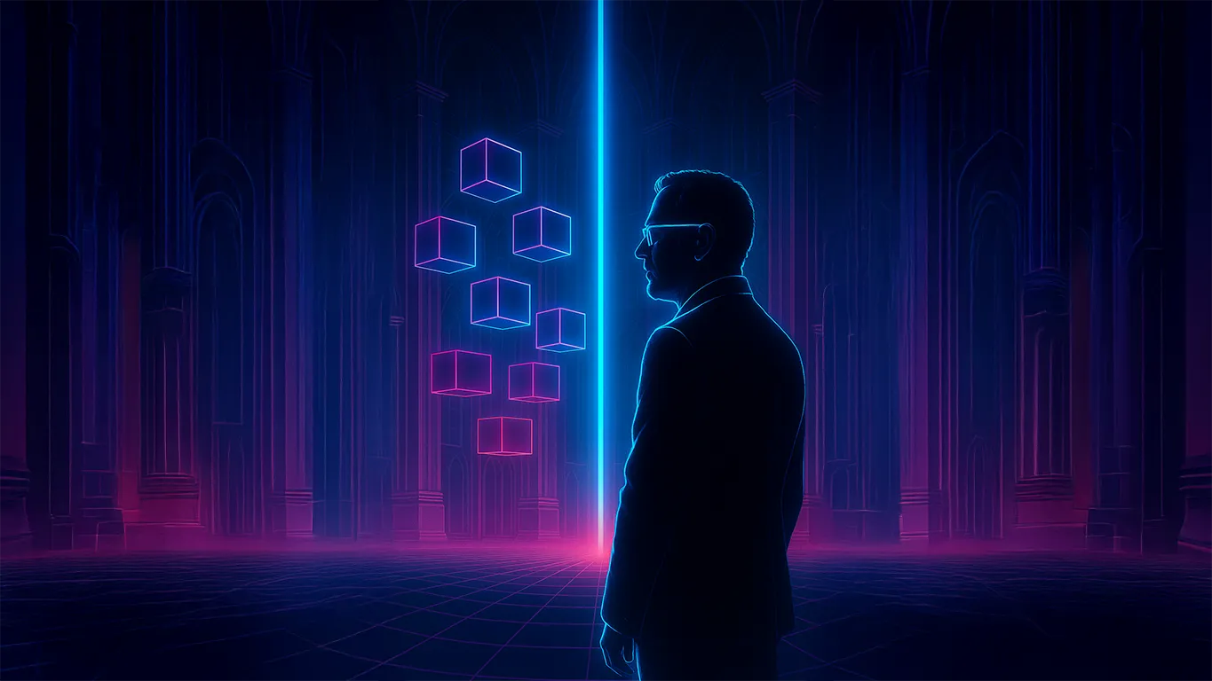 A neon-lit futuristic cathedral where a silhouetted man with glowing blue rim-light and muttonchops stands before a vertical beam of light, surrounded by floating cyan and magenta cubes above a grid-patterned floor.