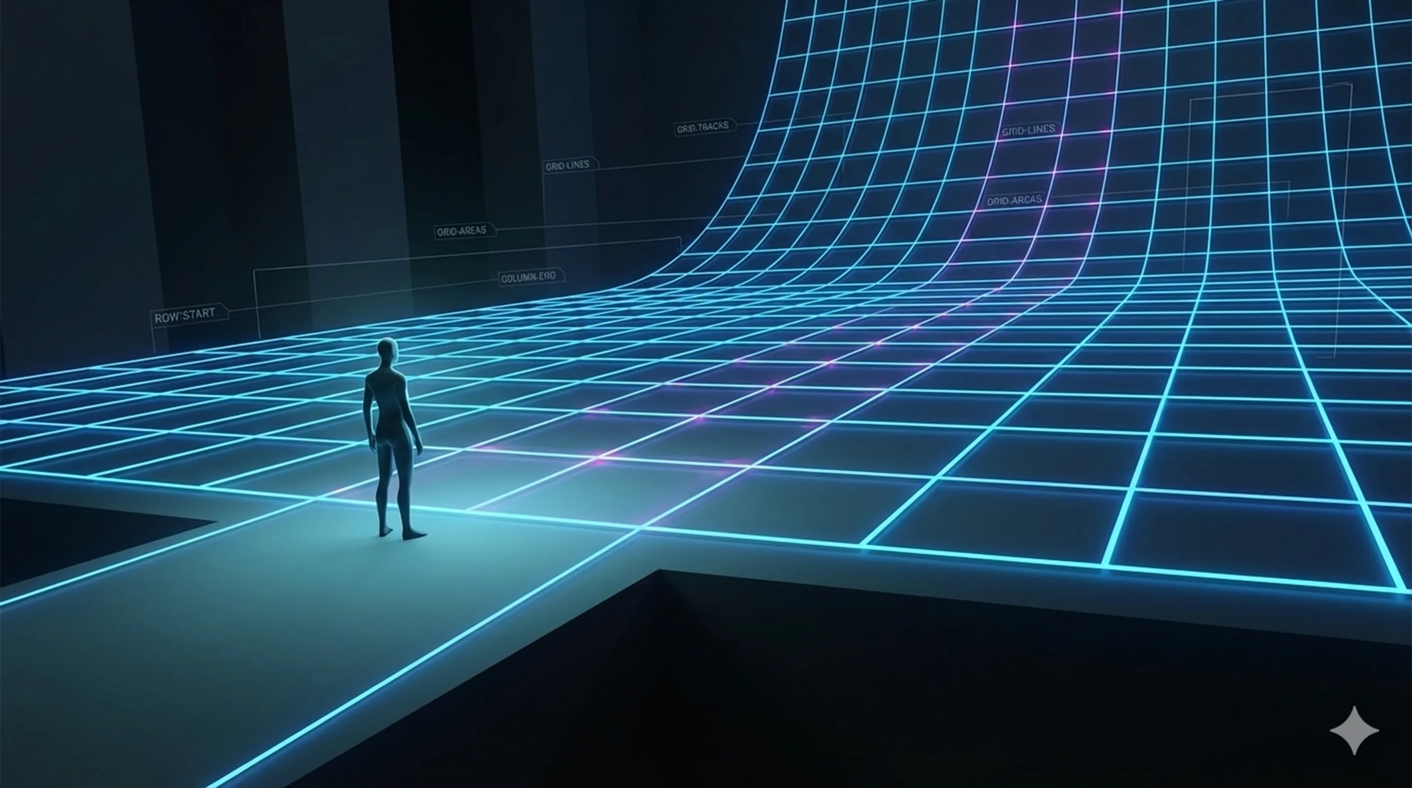 A silhouetted figure stands on a platform facing an expansive neon grid of rows and columns stretching into the distance, visually representing the concept of entering and structuring layouts with CSS Grid.
