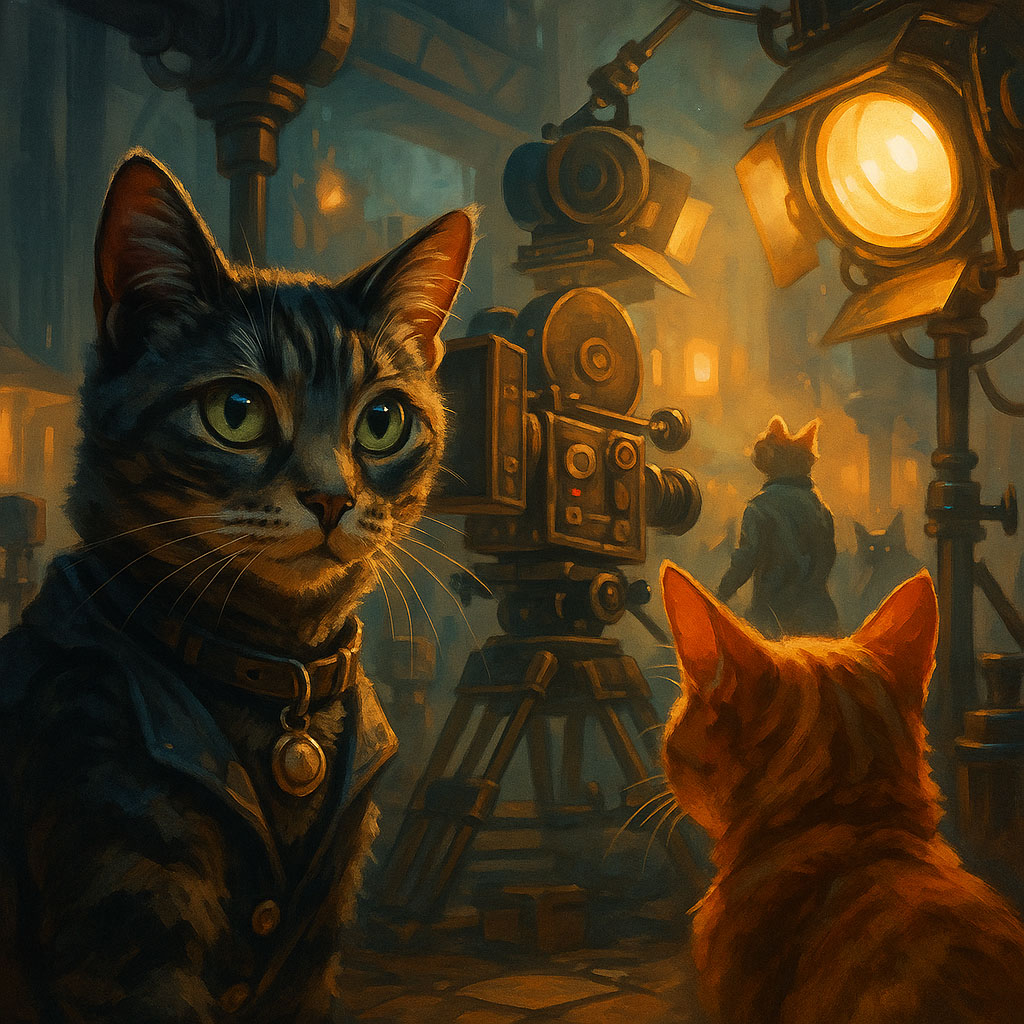 Cat film crew on set in a neon-lit studio