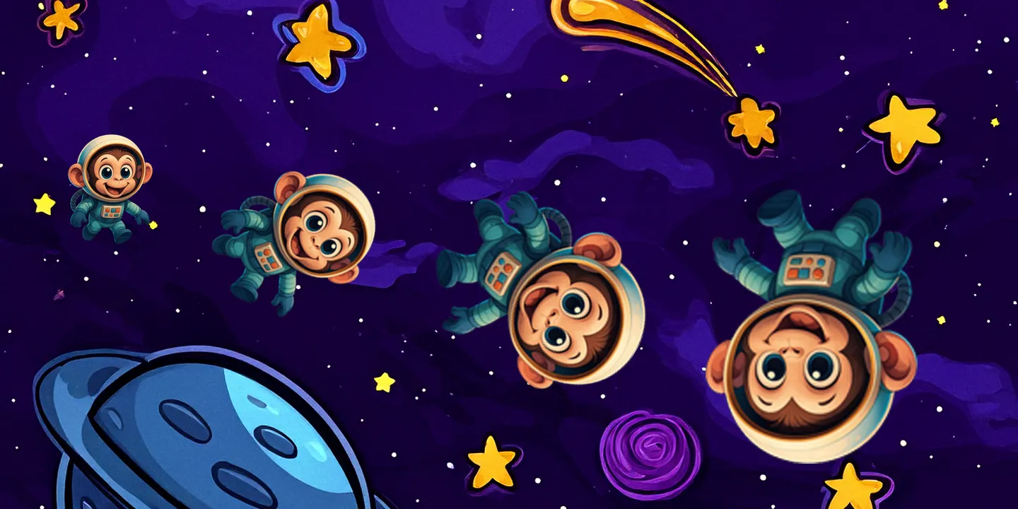 Cartoon outer-space scene showing a monkey demonstrating position, rotation, and scale transforms.